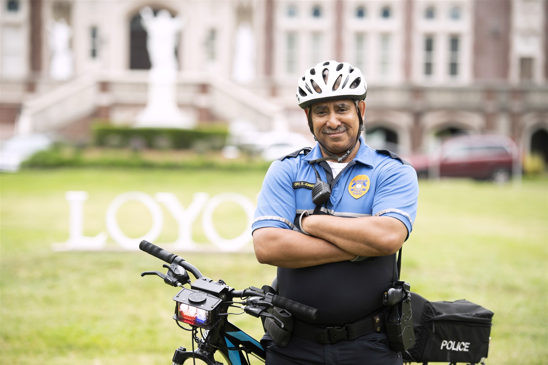 Loyola University Police Department bicycle patrol officer on campus.